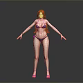 3d model woman with red hair wearing black bikini standing on gray background