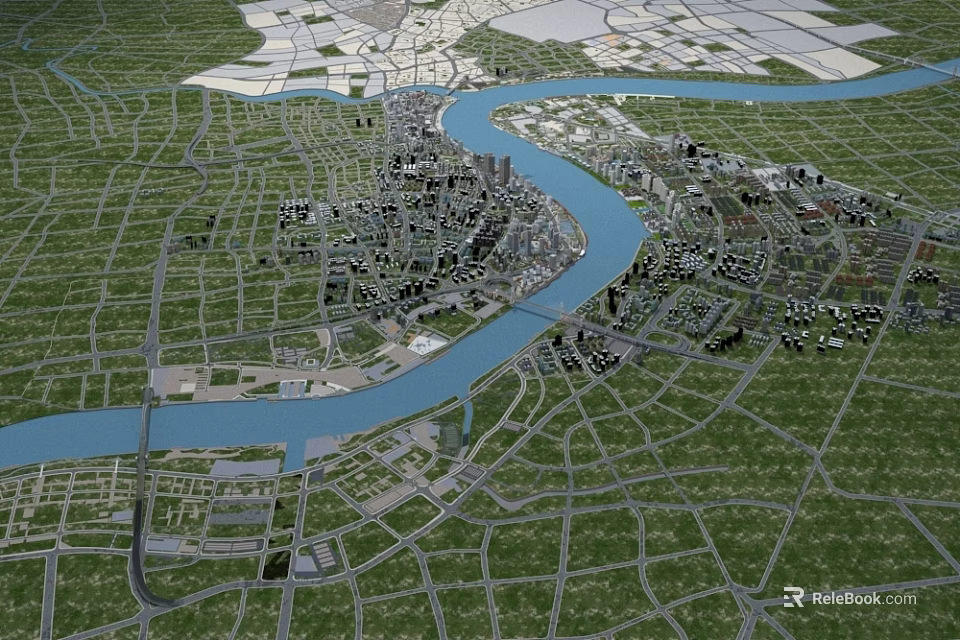 Aerial Planning of Urban Layout With River Road Network and Green Spaces 3d model 