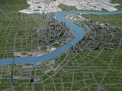 Aerial Planning of Urban Layout With River Road Network and Green Spaces 3d model