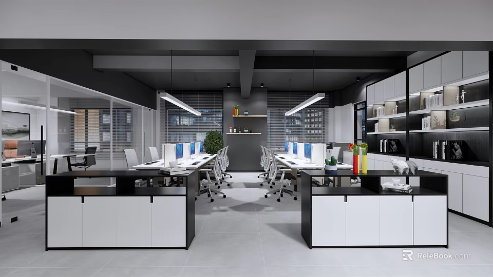 Modern Public Office Space With Open Workstations Hanging Lights And Storage Cabinets 3d model