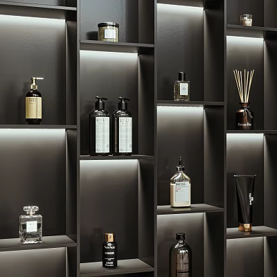 Perfume And Cosmetics Displayed On Dark Shelves 3d model
