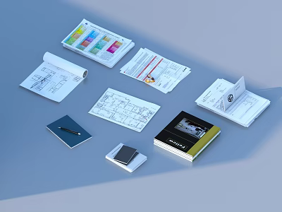 Essential Daily Living Supplies With Rolled Blueprints Notebook Pen Open Folders And Colorful Samples 3d model