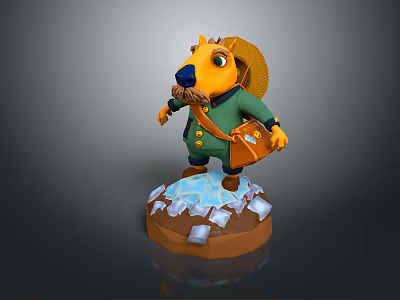 Game Movie Character Yellow Animal Wearing Hat Green Coat Brown Bag Standing On Ice Base 3d model