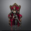 Ornate Red Throne With Gold Accents Seated By Armored Woman On Gray Background