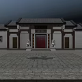 Traditional Chinese Ancient Architecture With Red Gate Stone Lions Traditional Roof White Walls And Front Stone Pavement