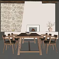 Rustic Restaurant Interior With Stone Wall Wooden Beam Ceiling Fireplace Long Table Chairs Large Windows 3d model