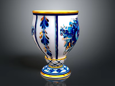 Ceramic Sculpture Vase with Blue and White Patterns Golden Rim and Woven Base 3d model