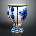 Ceramic Sculpture Vase with Blue and White Patterns Golden Rim and Woven Base