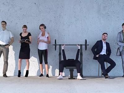 Group of People With Various Activities Including Barbell Lifting Standing And Sitting Against Gray Wall 3d model