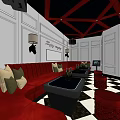 Luxurious KTV Room With Red Sofas Black And White Checkered Floor And Large Screen TV
