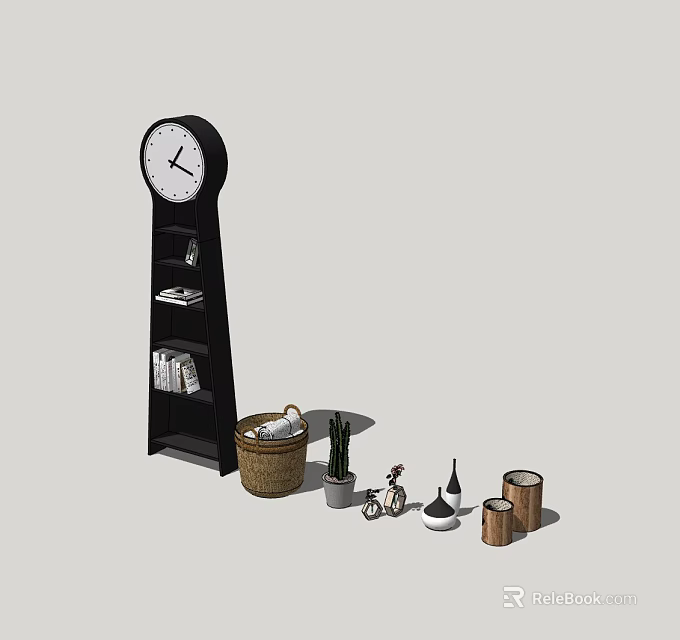 Decorative Ornament Set with Floor Clock Bookshelf Basket Cactus and Mini Bicycle Model 3d model 