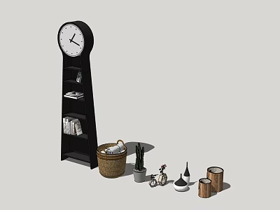 Decorative Ornament Set with Floor Clock Bookshelf Basket Cactus and Mini Bicycle Model 3d model