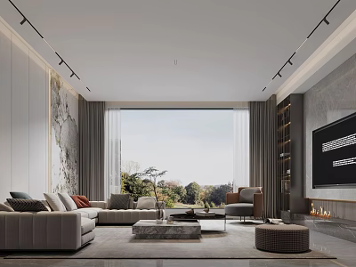 Modern Living Room Interior Design With Large Window Scenic Outdoor View Comfortable Sofa And Fireplace 3d model