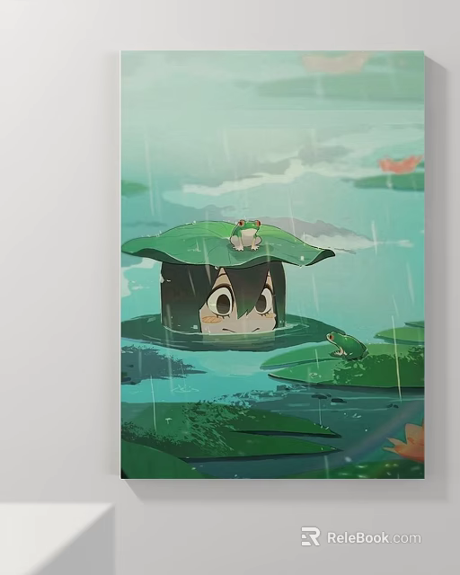 Rainy Water Surface Landscape Painting With Lily Pads Frogs And Lotus Flowers 3d model 