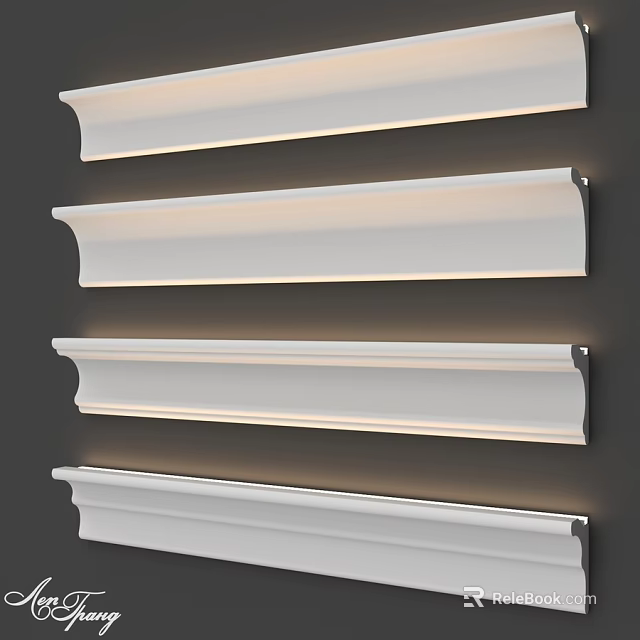 White Decorative Mouldings With Illuminated Design And Different Profiles On Dark Wall 3d model 