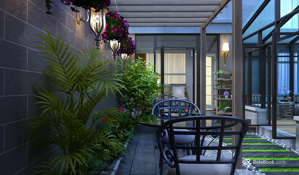 Luxurious Villa Balcony Space With Outdoor Seating Green Plants And Decorative Lights 3d model 