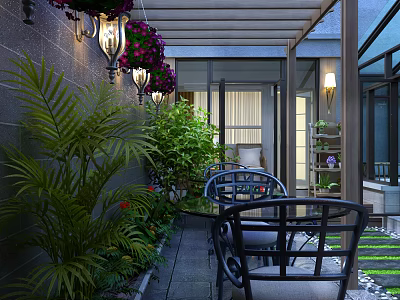 Luxurious Villa Balcony Space With Outdoor Seating Green Plants And Decorative Lights 3d model