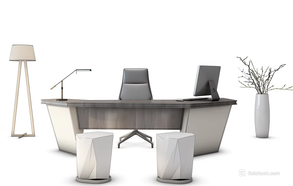 Modern Office Desk with Leather Chair Computer Monitor Desk Lamp Two Stools and Vase 3d model 