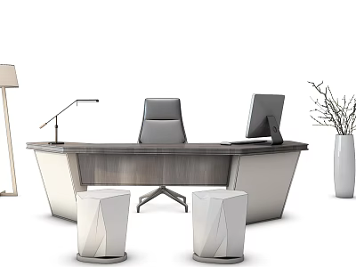 Modern Office Desk with Leather Chair Computer Monitor Desk Lamp Two Stools and Vase 3d model