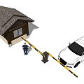 Wooden Cabin Style Guard Booth With Uniformed Guard Barrier Gate And White Car