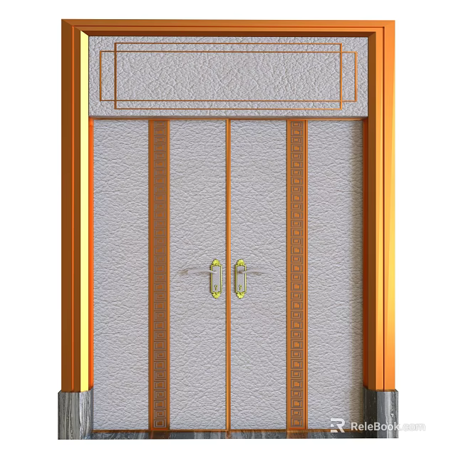 Classic Double Doors With Leather Texture Golden Frame And Vertical Decorative Strips 3d model 