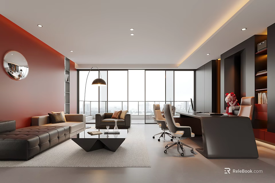 Modern Office Interior With Red Walls Large Windows Sofa Coffee Table And Desk 3d model 