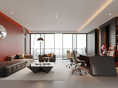 Modern Office Interior With Red Walls Large Windows Sofa Coffee Table And Desk 3d model
