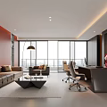 Modern Office Interior With Red Walls Large Windows Sofa Coffee Table And Desk
