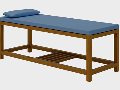 Single Bed with Wooden Frame Blue Mattress Blue Pillow and Under Bed Shelf 3d model