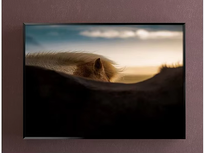 Landscape Painting Featuring Pony Head Against Sunset Sky With Clouds And Hills 3d model