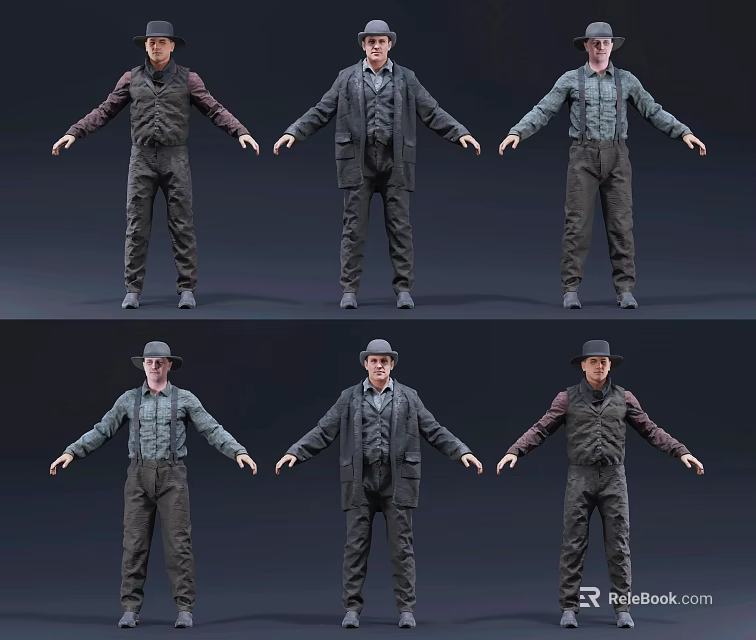 Multiple Men In Vintage Style Outfits With Different Upper Garments 3d model 
