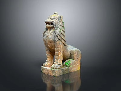 Mythical Stone Lion Statue Seated With Detailed Carved Mane And Paws 3d model