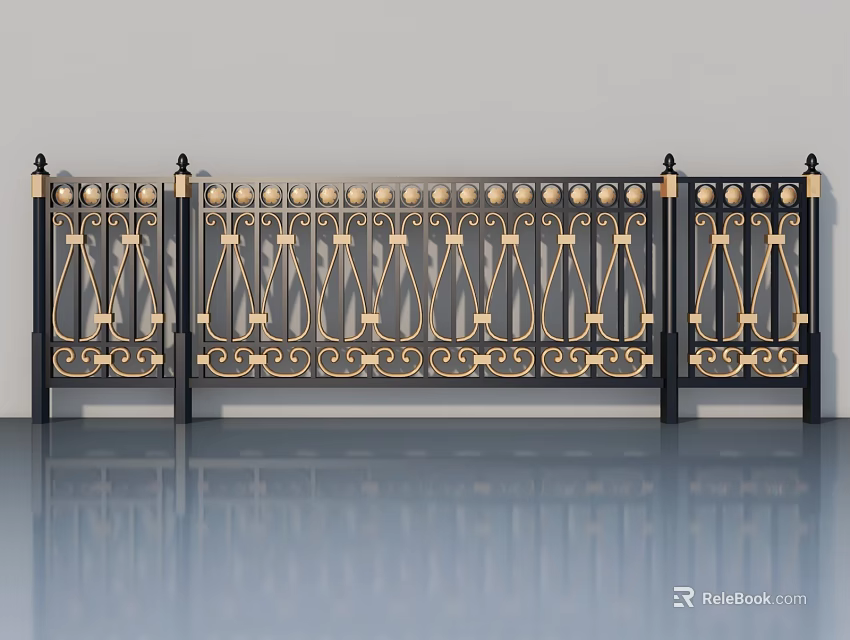 Elegant Black Gold Swing Door With Intricate Decorative Metal Patterns 3d model 