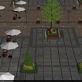 Stylish Outdoor Table With White Umbrellas Green Plants And Benches In Paved Square