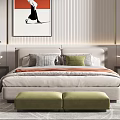 Modern Bedroom Interior Design With Comfortable Bed Striped Wall Green Ottoman And Artwork 3d model