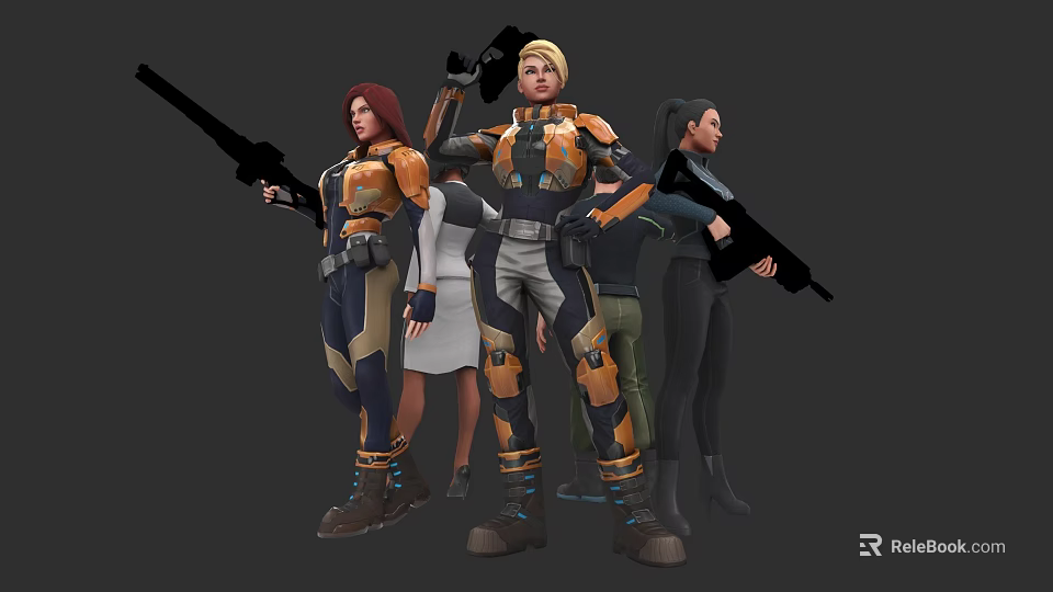 Group Of Game Movie Characters In Armored Suits Holding Weapons Together 3d model 
