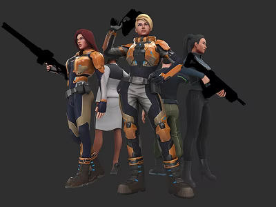 Group Of Game Movie Characters In Armored Suits Holding Weapons Together 3d model
