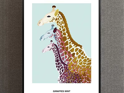 Colorful Giraffe Painting With Three Different Colored Giraffes On Light Blue Background 3d model