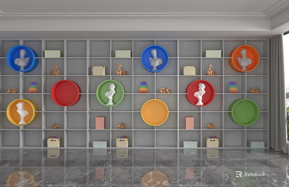 Colorful Shelving Unit with Round Trays Small Statues and Giraffe Figurines 3d model 