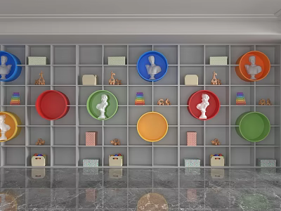 Colorful Shelving Unit with Round Trays Small Statues and Giraffe Figurines 3d model