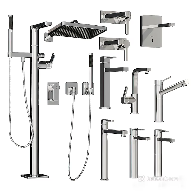 Contemporary Chrome Shower System With Handheld Hose Rainfall Head And Multiple Faucet Taps 3d model 