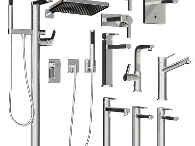 Contemporary Chrome Shower System With Handheld Hose Rainfall Head And Multiple Faucet Taps 3d model