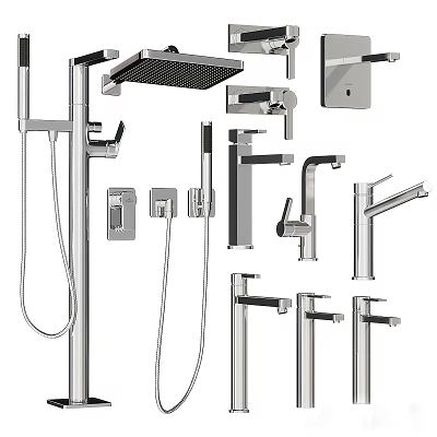 Contemporary Chrome Shower System With Handheld Hose Rainfall Head And Multiple Faucet Taps 3d model