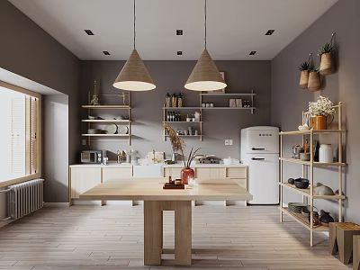 Modern Open Kitchen Interior Design With Island Counter Cabinets And Pendant Lights 3d model
