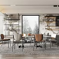 Modern Restaurant Interior Design With Dining Table Chairs Large Window And Decorative Shelves 3d model