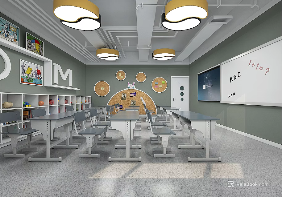 Modern School Classroom With Colorful Wall Decorations Whiteboard Student Desks Bookshelves And Lights 3d model 