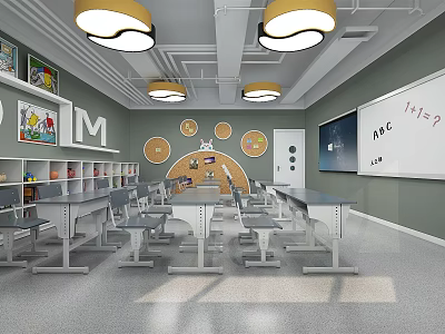 Modern School Classroom With Colorful Wall Decorations Whiteboard Student Desks Bookshelves And Lights 3d model
