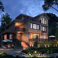 Spacious Detached Villa Exterior With Lush Greenery Garden And Wooden Balcony