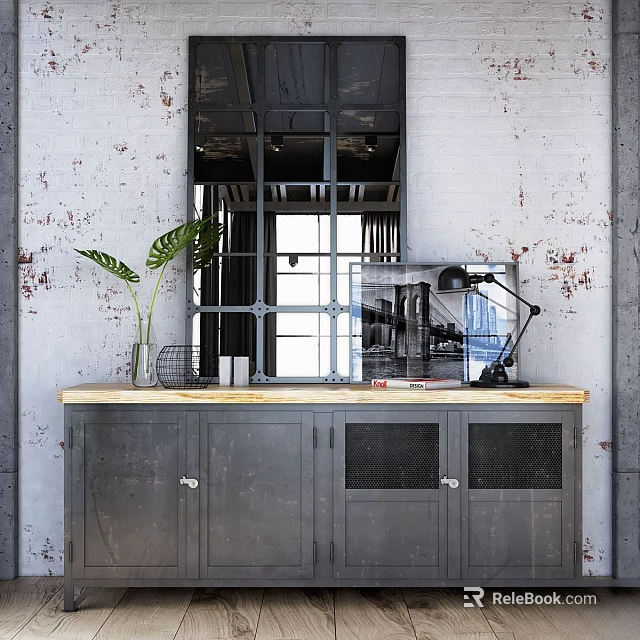 Industrial Style Decorative Ornament Collection on Cabinet with Iron Mirror Green Plant Lamp and Books 3d model 