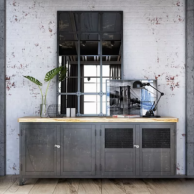 Industrial Style Decorative Ornament Collection on Cabinet with Iron Mirror Green Plant Lamp and Books 3d model